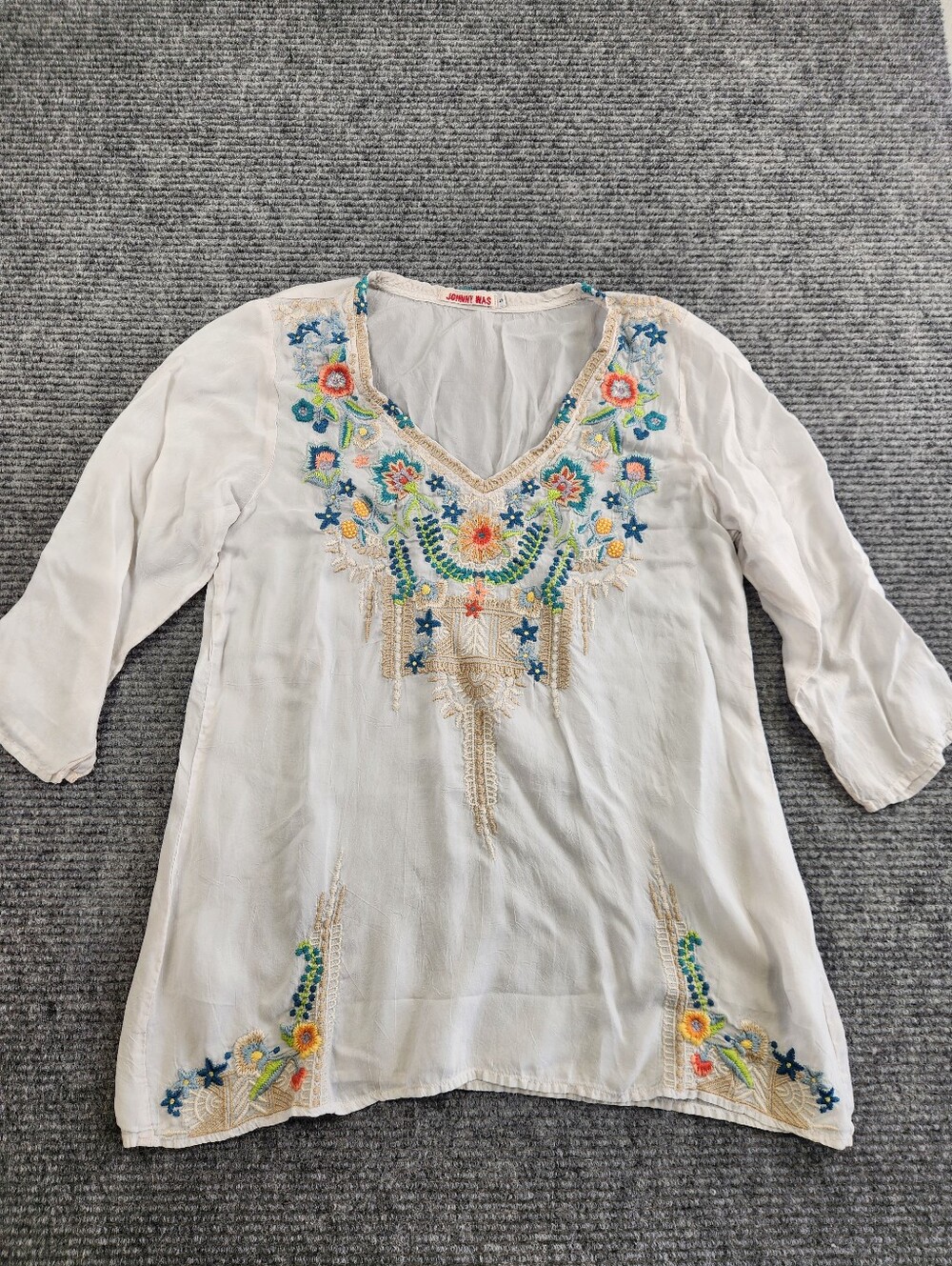 Johnny Was Size Small Tunic Embroidered Peasant Blouse Gray Boho Coastal Chic